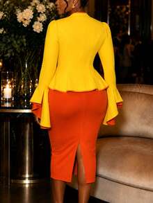 Elegant Women's Colorblock 2 Pieces Set, Zipper Stand Collar Ruffle Sleeve Top, High Waist Pencil Midi Skirt, Business Office Outfit - Yellow - View 2