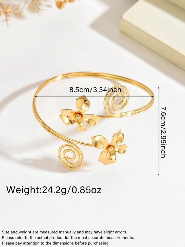 1 chiếc vòng tay cuff đeo cánh tay xoắn ốc hoa đôi 3D phong cách cổ điển lãng mạn tiên tử, có thể điều chỉnh, phù hợp cho nữ đi làm hàng ngày, du lịch, chụp ảnh, tiệc tối, lễ hội, làm quà tặng - Vàng - Xem 2