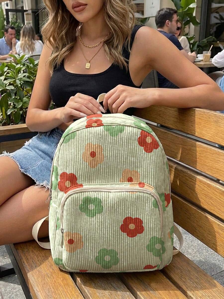 1件女款迷你後背包,燈芯絨女孩書包,旅行收納包,花卉印花設計,大容量可折疊易收納,輕量減壓,多口袋分層設計附拉鍊開合 - 卡通花朵22967 - 查看 1