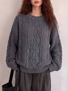 Women's Classic Slimming Cable Knit Crew Neck Pullover Sweater, Autumn/Winter - Dark Grey - View 3