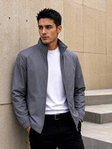 1pc Men's Jacket, Deep Gray Stand Collar Casual Jacket, Comfortable Skin-Friendly Woven Fabric + Mesh Lining, Loose Fit Slimming Style, Outdoor Functional Minimalist Casual, Suitable For Commuting And Outdoor Activities In Spring And Autumn - Dark Grey - View 10