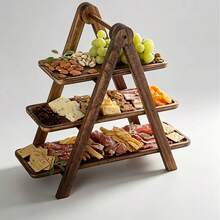 Wooden 3-Tier Folding Snack Rack, Fruit And Dessert Storage Stand - Brown - View 2