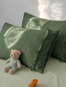 1pc/2pcs Solid Army Green Pillowcase With A Bow And Ruffle Trim (Without Insert), Polyester Fiber Comfortable And Breathable Suitable For All Seasons, Applied To Bedroom Scenes And Home Decoration, Simple Classic Style, Cozy Bedding, Home Decor - Army Green - View 8