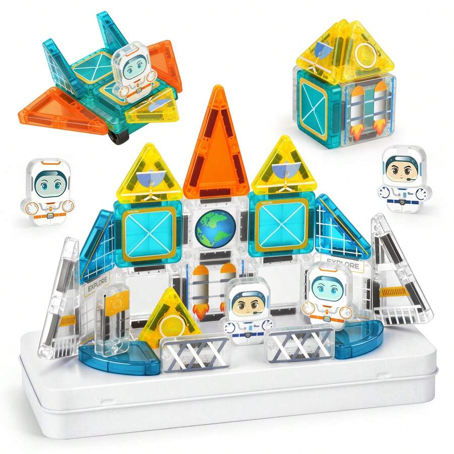 28pcs Space Rocket Magnetic Tiles Building Blocks, STEM Early Education Educational DIY Assembly Toy For Boys And Girls 3-10 Years Old Gift - Multicolor - View 1