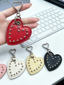 Punk Rivet Heart Keychain, Sweet & Cool PU Leather Heart-Shaped Pendant, Personalized Metal Charm Bag Accessory Key Chain, Bag Decoration Hanging Chain Gift, Used For Bag Decoration, Car Key Charm, Bag Pendant, Cute Small Gift, Holiday Gift, Key Chain, Bag Charm, Keychain, Wallet Charm, Car Accessory, Happy Dog, Wallet Charm And Accessory, Women's Car Accessory, Bag Accessory Pendant - Multicolor - View 1