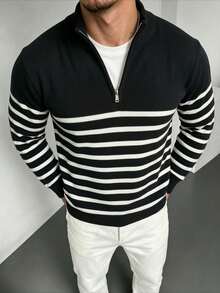 ZYNTH BALENO Men's Fashion Autumn/Winter Striped Zip Collar Long Sleeve Sweater, Suitable For Gym, Running, Hiking, Black - Black - View 3