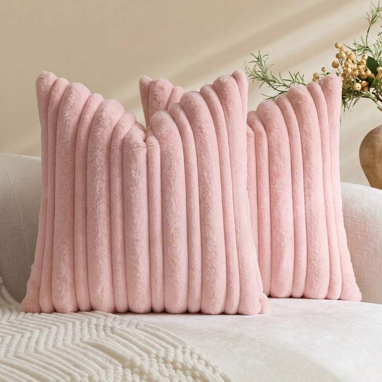1pc Pink Textured Faux Rabbit Fur Decorative Pillowcase, Soft And Comfortable, Fluffy Soft Home Decor Cushion Cover, Square Cushion Cover, Holiday Home Pillowcase Decor, Modern Decor Sofa, Home Bedroom, Without Pillow Insert - Pink - View 8