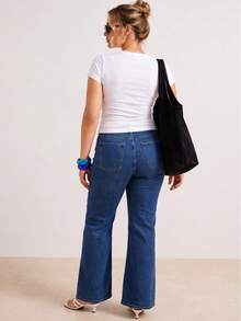 Push Up Tummy Hide High Waist Washed Blue Flare Leg Plus Size Woman Denim Jean - Blue - View 2
