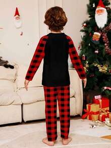 Christmas Theme Reindeer Print Pajama Set 2pcs Flame Retardant Fabric Raglan Sleeve Design Long Sleeve Top Plaid Pants Children's Holiday Loungewear Set Christmas Gift - Multicolor - View 2