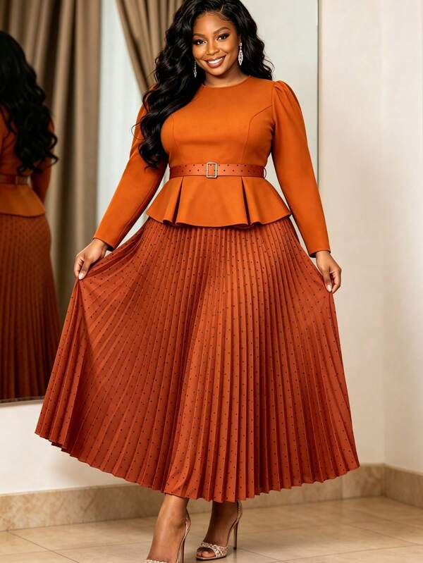 Plus Size Brown 2 Pieces Outfit Round Neck Long Sleeve Peplum Top With Belted Polka Dot Pleated Maxi Skirt Church Wedding Guest Formal Fall Suit