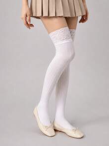 2/4 Pairs White Over-Knee Socks With Lace Patchwork – Solid Versatile Style. Great With Skirts, Boots & Casual Looks. - Multicolor - View 3