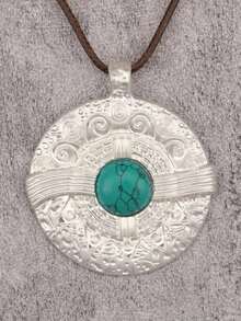 1pc Bohemian Western Cowboy Style Double Layer Asymmetrical Oval Ring Pendant Necklace With Faux Turquoise Inlay, Halloween Party Gathering Daily Accessory, Unisex Couple Necklace - Wax Rope - View 5