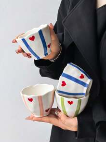 1pc Classic Colorful Striped Heart Handheld Coffee Mug, Ins Style Personalized Hand-Painted Ceramic Cup, Exquisite Highly Attractive Tea Cup, Suitable For Espresso And Tea - Multicolor - View 2