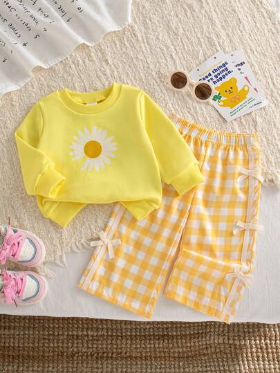 Autumn/Winter Baby Girl Cute Casual Yellow Floral Print Crew Neck Loose Sweatshirt & Yellow Plaid Bow Straight Leg Pants Versatile Comfortable Outfit Set
