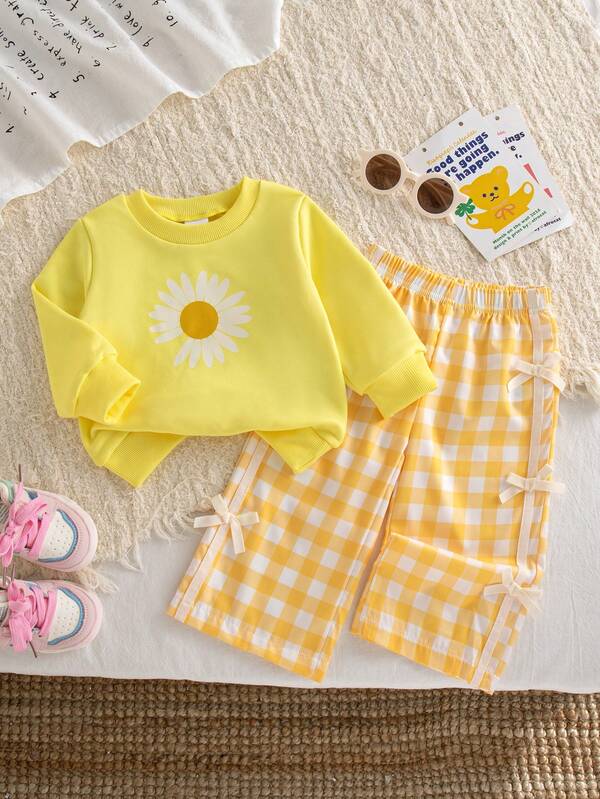 Autumn/Winter Baby Girl Cute Casual Yellow Floral Print Crew Neck Loose Sweatshirt & Yellow Plaid Bow Straight Leg Pants Versatile Comfortable Outfit Set