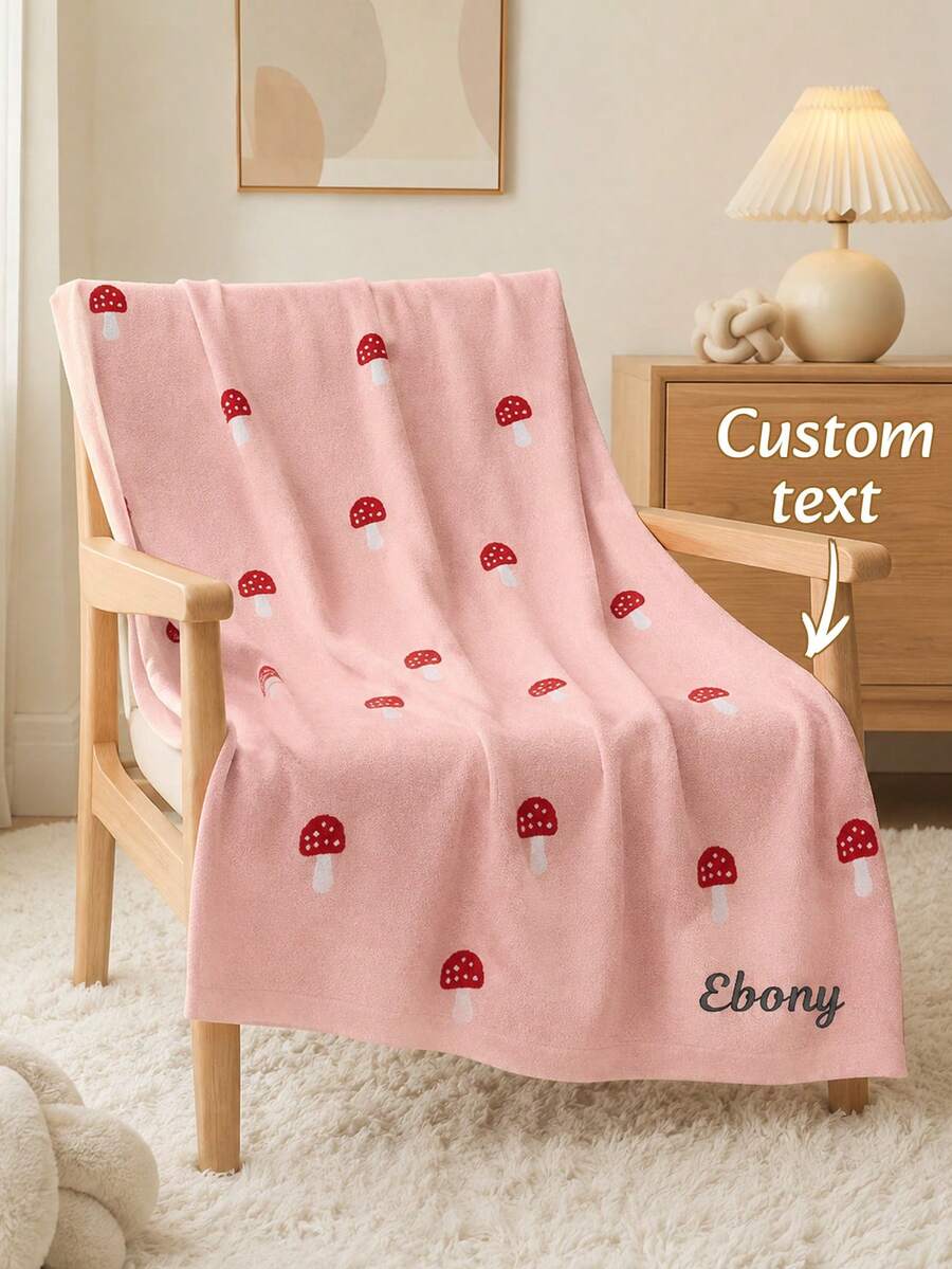 1PC Personalized Custom‑Text Embroidered Knit Blanket,Mushroom‑Pattern Jacquard Throw With Neat Straight Finished Edge,Available In 3 Solid Color Tones, Decor Household Item For Living Room Bed Sofa,Practical Holiday Gift For Different Family Members