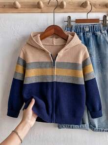 Boys Toddler College Style Colorblock Striped Hooded Knit Cardigan Sweater Jacket Long Sleeve Suitable For School Daily Wear Spring Autumn Winter - Apricot - View 1