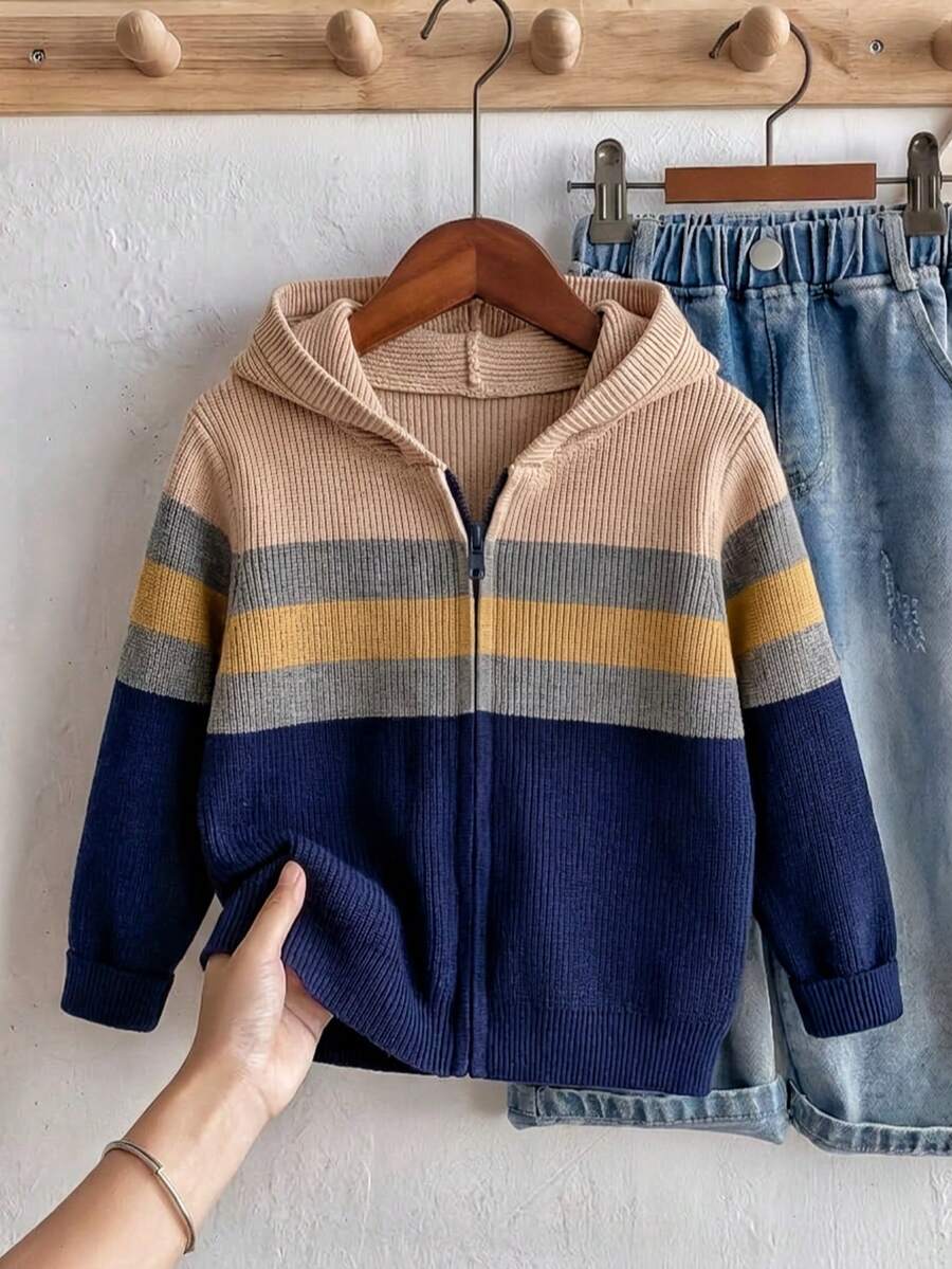 Boys Toddler College Style Colorblock Striped Hooded Knit Cardigan Sweater Jacket Long Sleeve Suitable For School Daily Wear Spring Autumn Winter - Apricot - View 1
