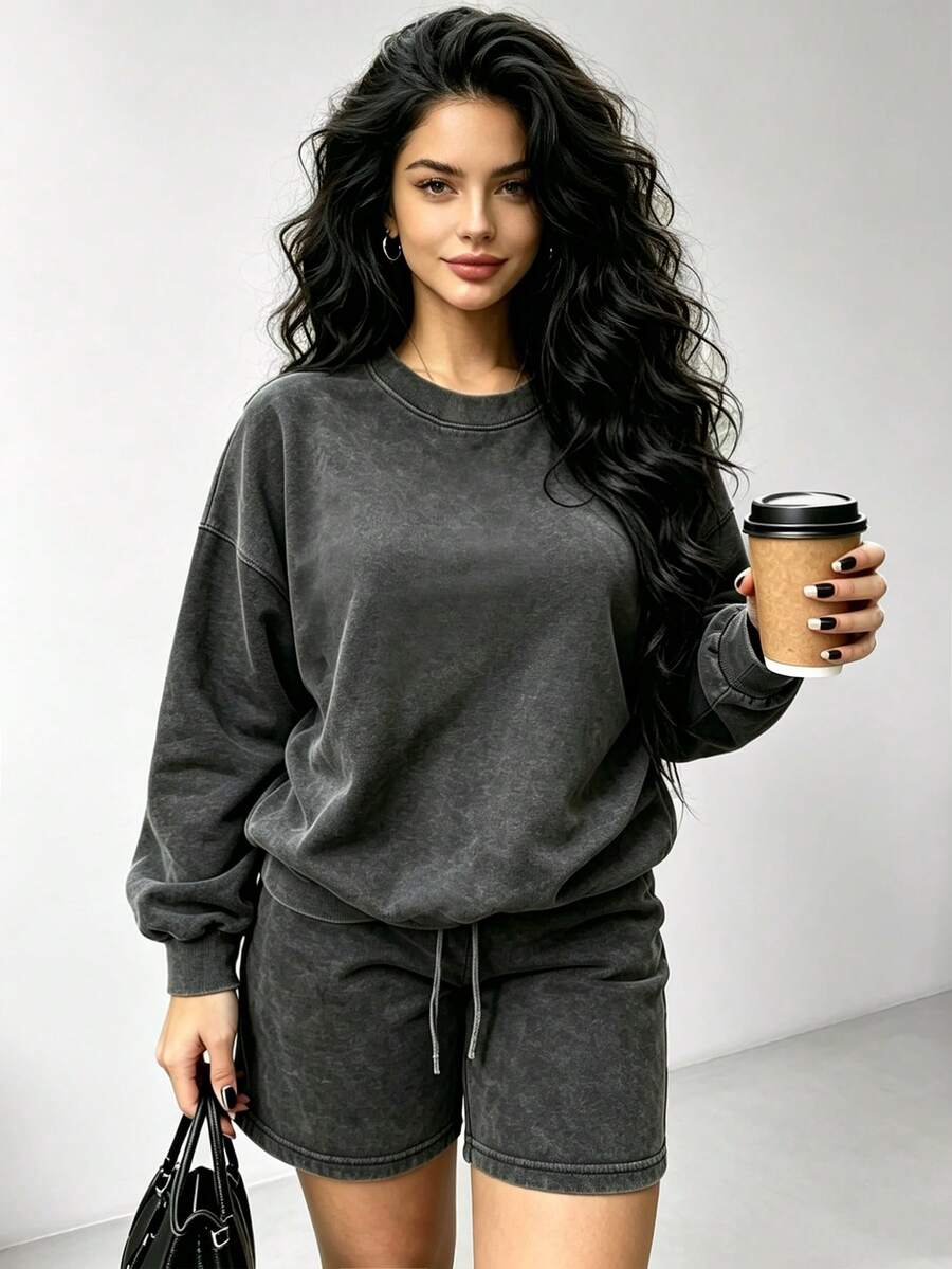 RNU Vintage Distressed Snowflake Wasteland Style Casual Sweatshirt & Shorts 2 Pieces Set, Loose Long Sleeve Sweatshirt With Wide Leg Bermuda Shorts, Autumn/Winter Sweatshirt Set, Home Leisure Street Party Outfit, Versatile Preppy Style, Spring/Autumn New 2 Pieces Set - Black - View 1