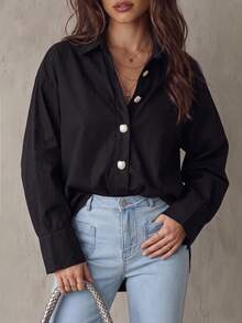 Women's Plus Size Solid Color Long Sleeve Blouse Black - Black - View 1