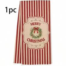 1PC Vintage Christmas Kitchen Towel, Red Beige Vertical Stripe Wreath Bow Merry Christmas Print Dish Towel, Festive Winter Holiday Home Decor Hand Tea Towel For Kitchen - Red - View 2