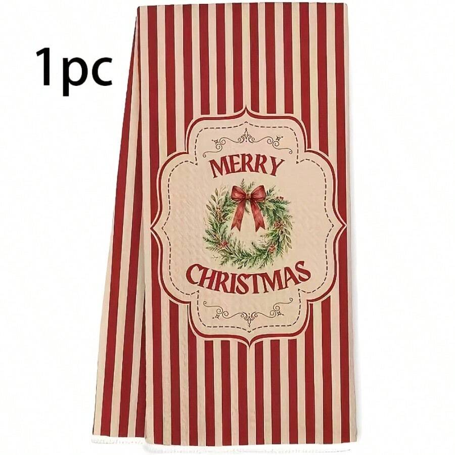 1PC Vintage Christmas Kitchen Towel, Red Beige Vertical Stripe Wreath Bow Merry Christmas Print Dish Towel, Festive Winter Holiday Home Decor Hand Tea Towel For Kitchen