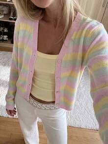 FOR BEAUTY Fall Winter French Chic Pastel Striped V Neck Button Front Knit Cardigan Sweater Tops Outerwear Women Street Coffee Dating Outfits - Multicolor - View 3