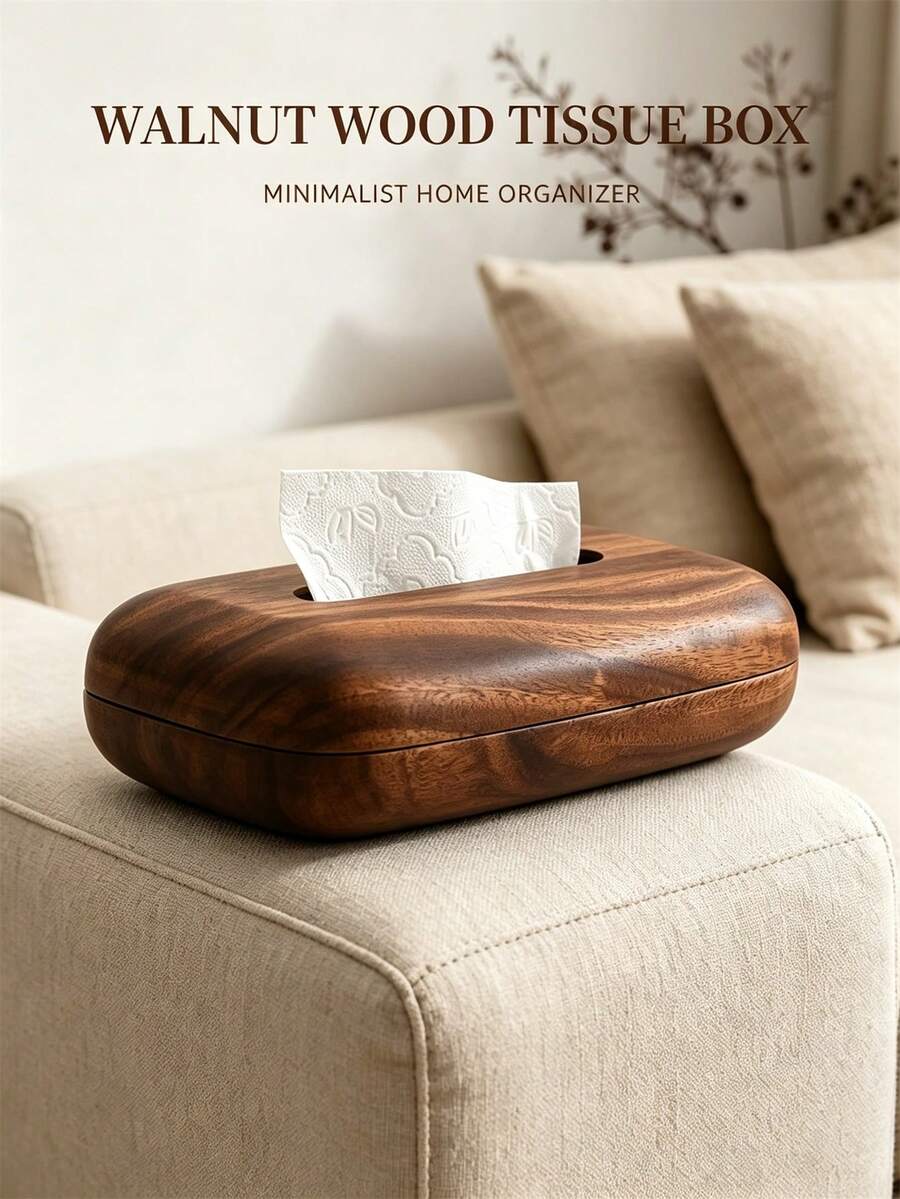1pc Walnut Wood Tissue Box, Magnetic Closure Decorative Tissue Box, Minimalist Rectangular Napkin Dispenser For Living Room Bedroom Office Home Desktop Organizer Decor - Multicolor - View 1