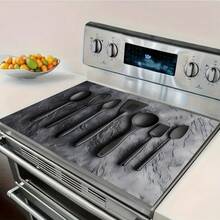 (Hot !!) 1件裝 2D黑色餐具圖案平面爐灶保護墊，防滑耐熱橡膠爐灶蓋墊，適用於感應爐、玻璃爐灶，多功能防刮墊，亦適用於烤箱、洗衣機、烘衣機及廚房裝飾 - 彩色 - 查看 4