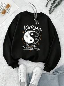 大尺碼女款圓領運動衫，印有 Karma 陰陽標語圖案，適合秋冬日常街頭穿搭 - 黑色 - 查看 1