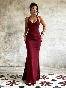 Autumn Solid Color Halter Neck Slim Fit V-Neck Dress, Elegant Women's Dress For Party And Date - Burgundy - View 10