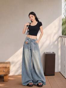 YEAE | Celana Jeans Denim Wanita Biru Gaya Kerja Amerika, Desain Longgar, Niche Slimming, Celana Panjang Hingga Lantai - Medium Wash - View 5