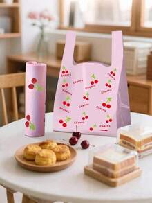 100/1pc Cherry Pattern Plastic T-Shirt Bag, Thickened Disposable Gift Tote Bag, Pink Cherry Fruit Print Shopping Bag, Suitable For Wedding, Mother's Day, Celebration, Back To School - Multiple Styles - View 3