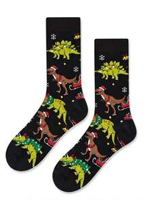 1 Pair Of Men Crew Sock, Christmas Dinosaur Sleigh Snowflake Pattern Socks, Soft Warm Fall Winter, Halloween Christmas Gift For Men For Woemn - Multicolor - View 7