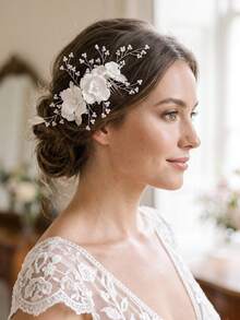 1pc Elegant White Flower Bridal Hair Comb Pearl Beaded Wedding Headpiece Hair Accessories For Bride - Multicolor - View 2