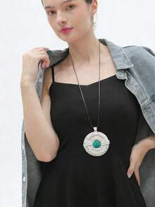 1pc Bohemian Western Cowboy Style Double Layer Asymmetrical Oval Ring Pendant Necklace With Faux Turquoise Inlay, Halloween Party Gathering Daily Accessory, Unisex Couple Necklace - Wax Rope - View 8