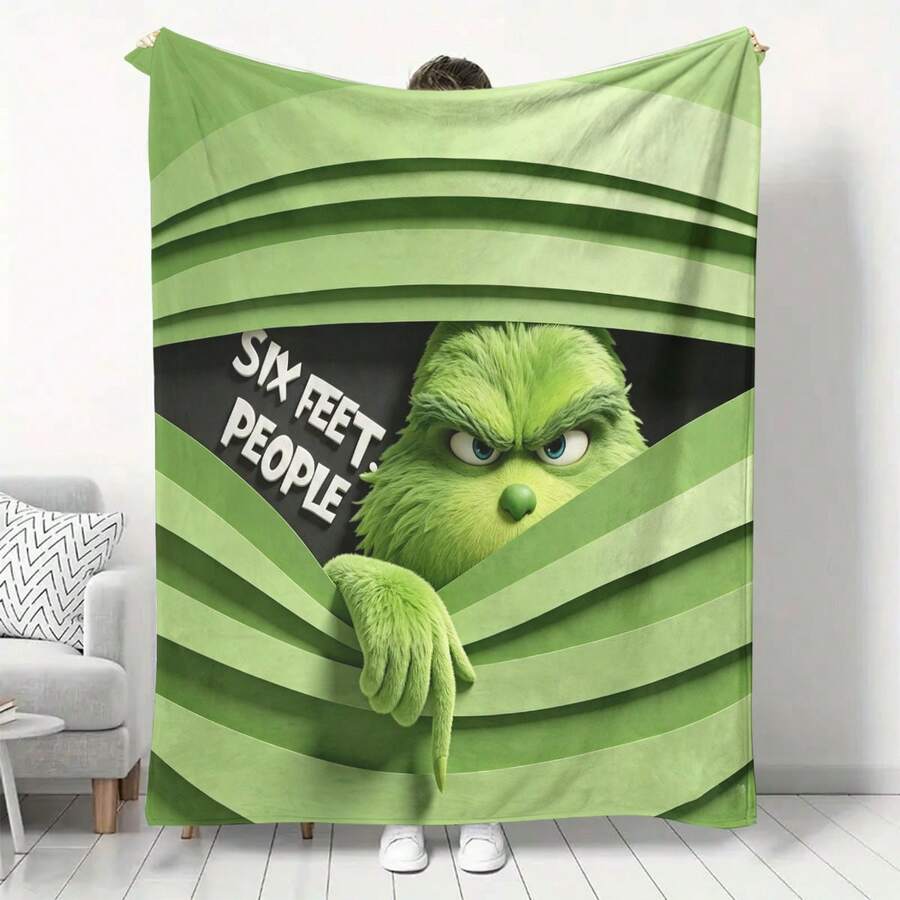 The Grinch Soft & Comfortable 1pc Open Curtain Modern Flannel Christmas Nap Blanket - Christmas Tree, Deer, Snowflake, Snowman - Polyester Nap Blanket - Digital Print Craft, Suitable For Sofa, Bed, Travel, Office Home Decor - Multicolor - View 1