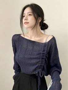 YCYC Women's Tops Korean Style Gentle Design Drawstring Soft Knit Sweater - Navy Blue - View 2