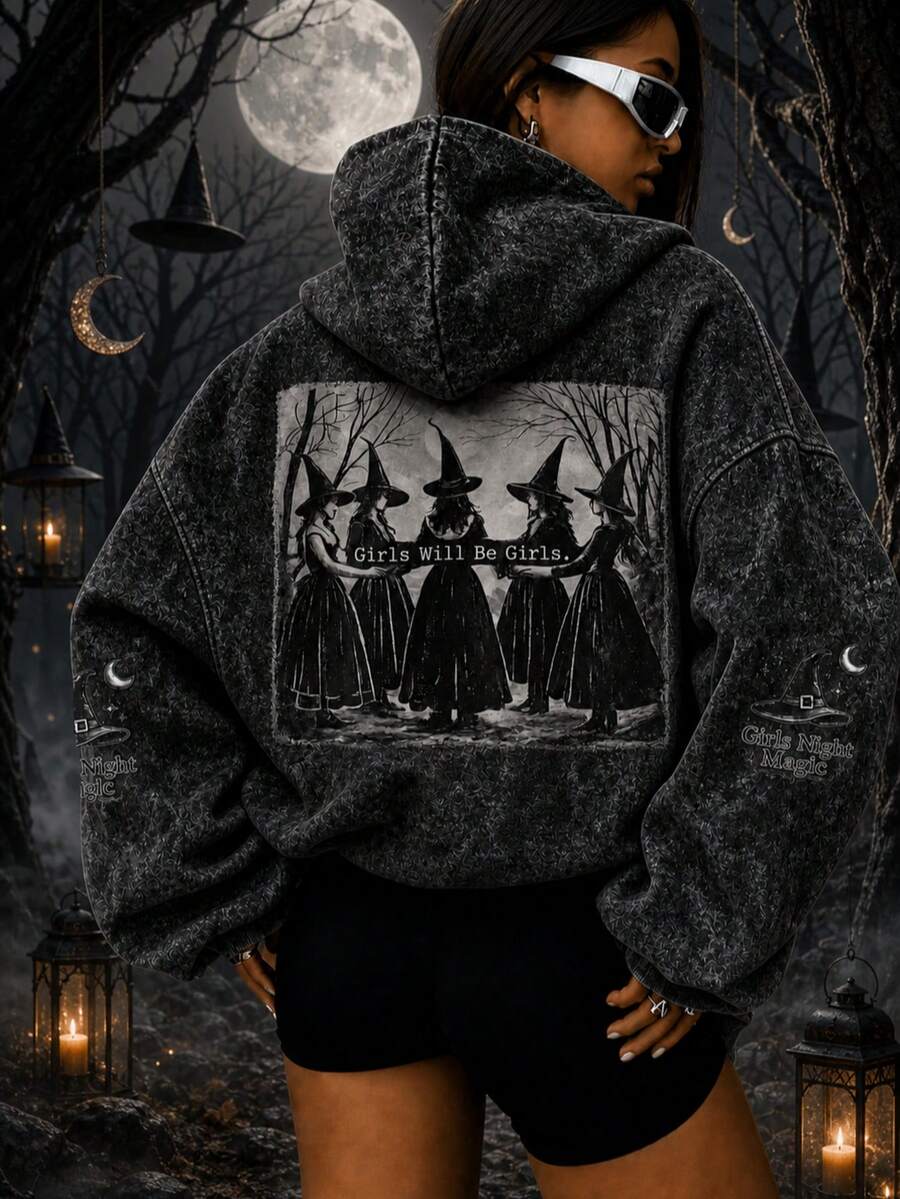 Women's Grey Witch Pattern Hooded Long Sleeve Crew Neck Pullover..Black - Black - View 1