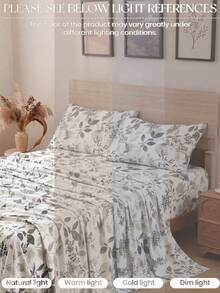 4-Piece Fashionable Floral & Leaf Pattern Bedding Set, Easy Care Soft Bedding, Floral Fitted Sheet Set (1 Flat Sheet + 1 Fitted Sheet + 2 Pillowcases), Deep Pocket Up To 11.8 Inches, Soft & Breathable, Back To School Dorm Bedding Set - Multicolor - View 4