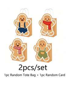 24pcs/Set Christmas Gingerbread Man Gift Bag Set, 12 Hollow Kraft Paper Tote Bags With Handles & 12 Matching Gift Cards, Christmas Party Holiday Gift Packaging Bag Set - Multicolor - View 12