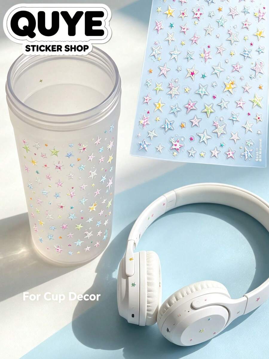 1 Set Aesthetic Stickers, Laptop Phone Decorative Stickers, Plaid Print Star Pattern, Soft Macaron Color Tone, Self-Adhesive, Water Bottle Device Case Decoration Accessories - Plaid Stars - View 1