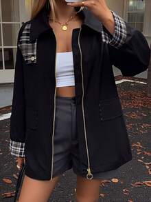 Women's Spring/Autumn/Winter Patchwork Plaid Jacket With Practical Pockets, Ideal For Cold Weather City Commute - Black - View 1