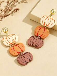1 Pair Autumn Pumpkin Dangle Earrings, 3-Layer Colorful Pumpkin Drop Earrings, Thanksgiving Harvest Festival Costume Accessory - Style 1 - View 2