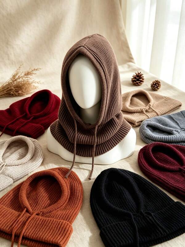 1pc Solid Color Warm Elegant Minimalist Knitted Balaclava Hat, Autumn/Winter Hot-Selling Fashion Premium Knit Hat, Comfortable Casual Suitable For Outings, Gatherings, Shopping, Travel, Vacation And Other Occasions