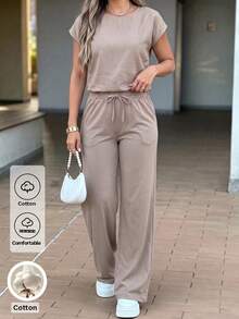 GLAMSKIN Women's 2-Piece Pure Cotton Solid Color Loungewear Set, Round Neck Short Sleeve Top & High Waist Drawstring Wide Leg Pants, Autumn Casual Sports Outfit - Camel - View 4