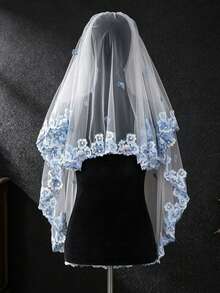 Fresh Blue Floral Embroidered Double Layer Veil, Vintage Mori Style Outdoor Wedding Bridal Face Veil Photography Styling Accessory - Multicolor - View 6