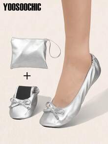 Women's Soft & Comfortable Foldable Ballet Flats With Round Toe, Thin Sole, Slip-On Design, Includes Matching Storage Bag, Suitable For All Seasons - Silver - View 2
