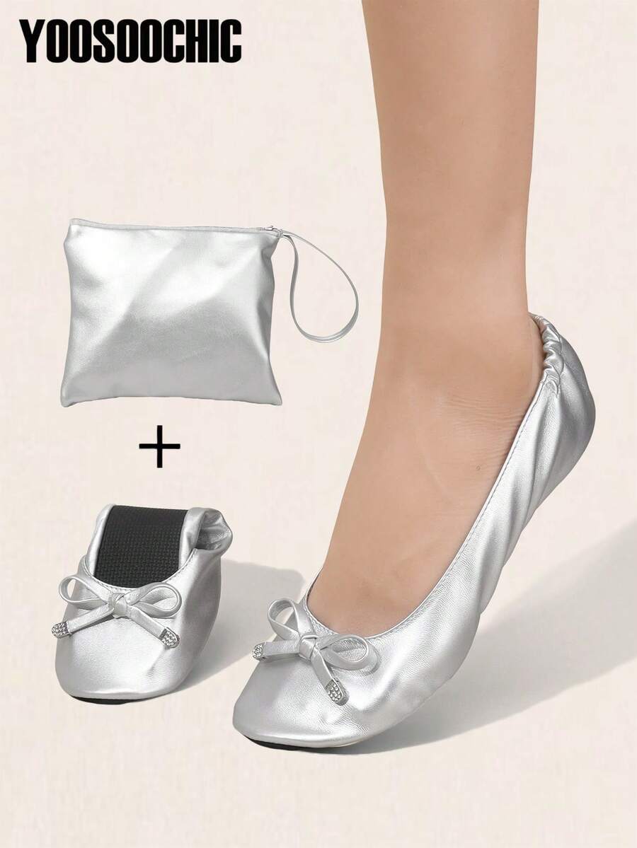 Women's Soft & Comfortable Foldable Ballet Flats With Round Toe, Thin Sole, Slip-On Design, Includes Matching Storage Bag, Suitable For All Seasons
