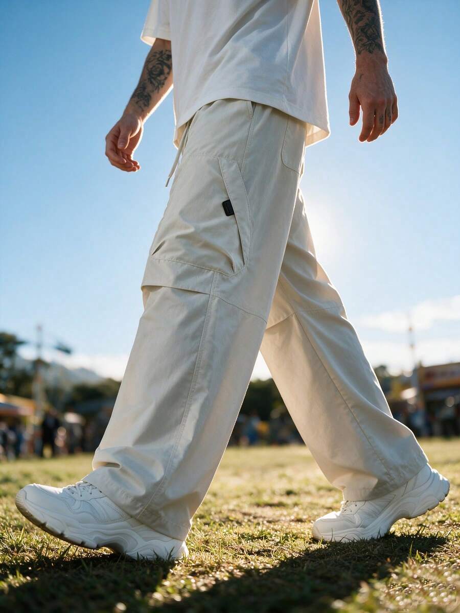 Men's Solid Color Flap Pocket Drawstring Elastic Waist Wide Leg Cargo Pants, Loose Straight Leg Casual Streetwear Trousers - Light Grey - View 1